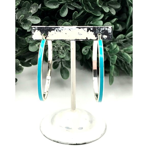 Silver Tone Hoop Earrings With Aqua Enamel Accent - Picture 2 of 7